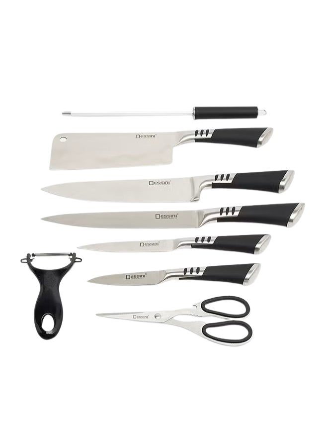 ديسيني طقم سكاكين مطبخ 9 قطع مع حامل أكريليك – سكين شيف، ساطور، سكين تقطيع، سكين متعددة الاستخدام، سكين تقشير، مقص، مسنّ، ومقشرة - Image 3